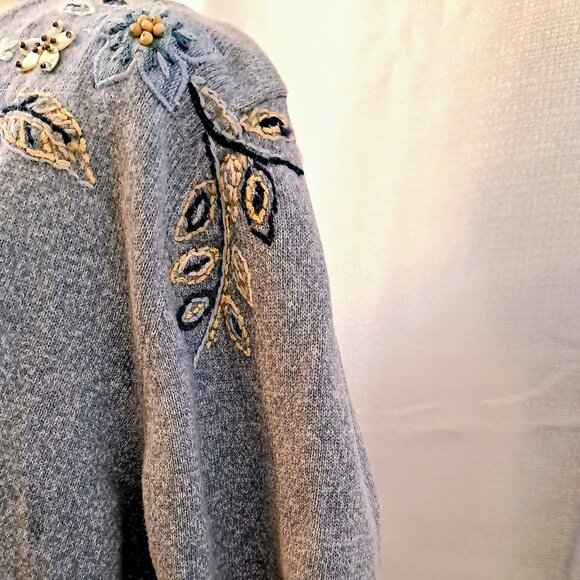 Vintage Alfred Duner Beaded Embroidered Blue Short Sleeve Sweater Size L - Picture 7 of 11